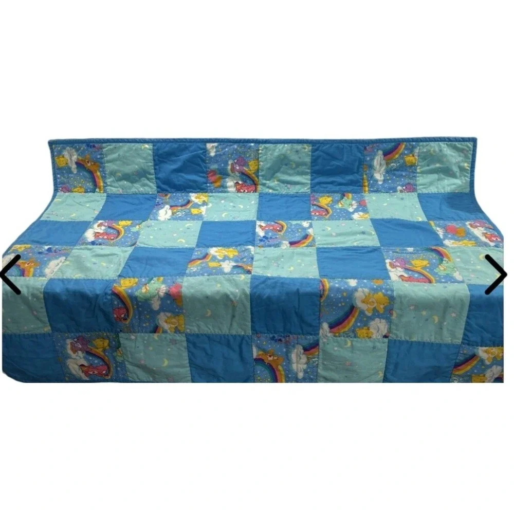 Vintage Care Bears Patchwork Quilt Blue Aqua Rainbow Baby Lap Blanket 80s Style